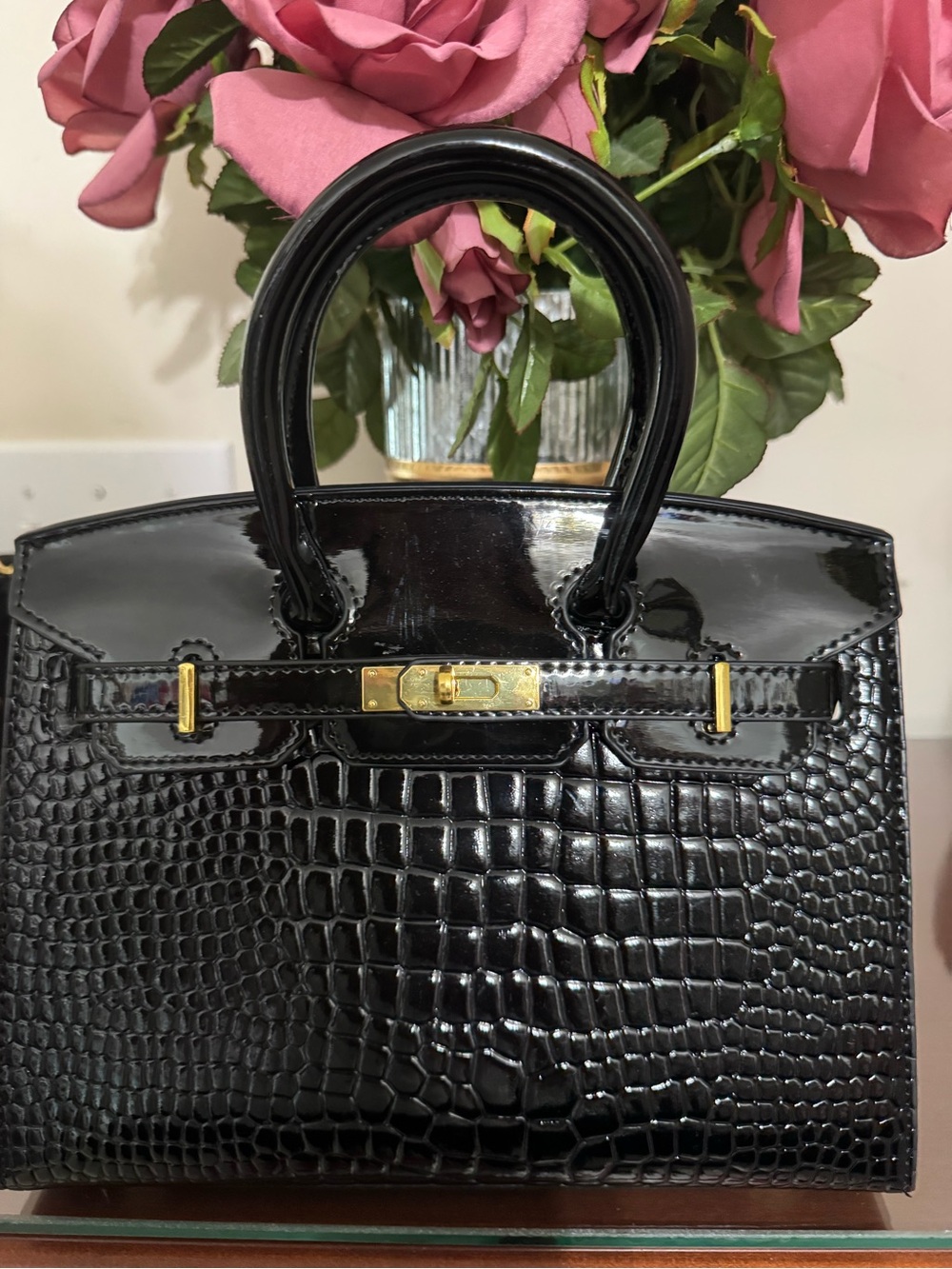 Black Croc-Embossed Patent Leather Top-Handle Bag